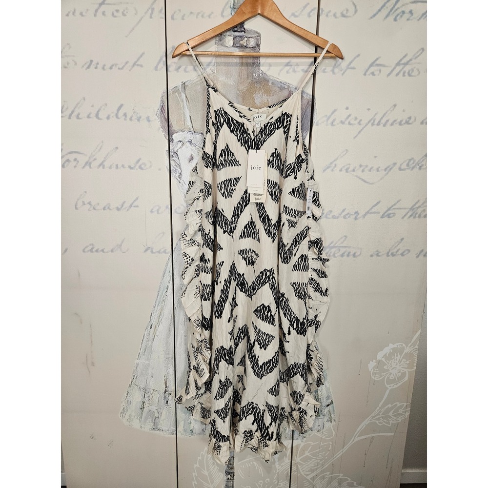 NWT Joie Hayworth Dress S Bleached Stone 100% Silk Ruffle Abstract Zig Zag Boho